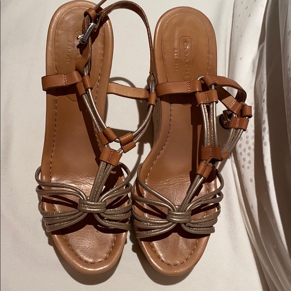 Gold Camel Brown Coach Wedges cork heel Size 7 - Picture 2 of 5